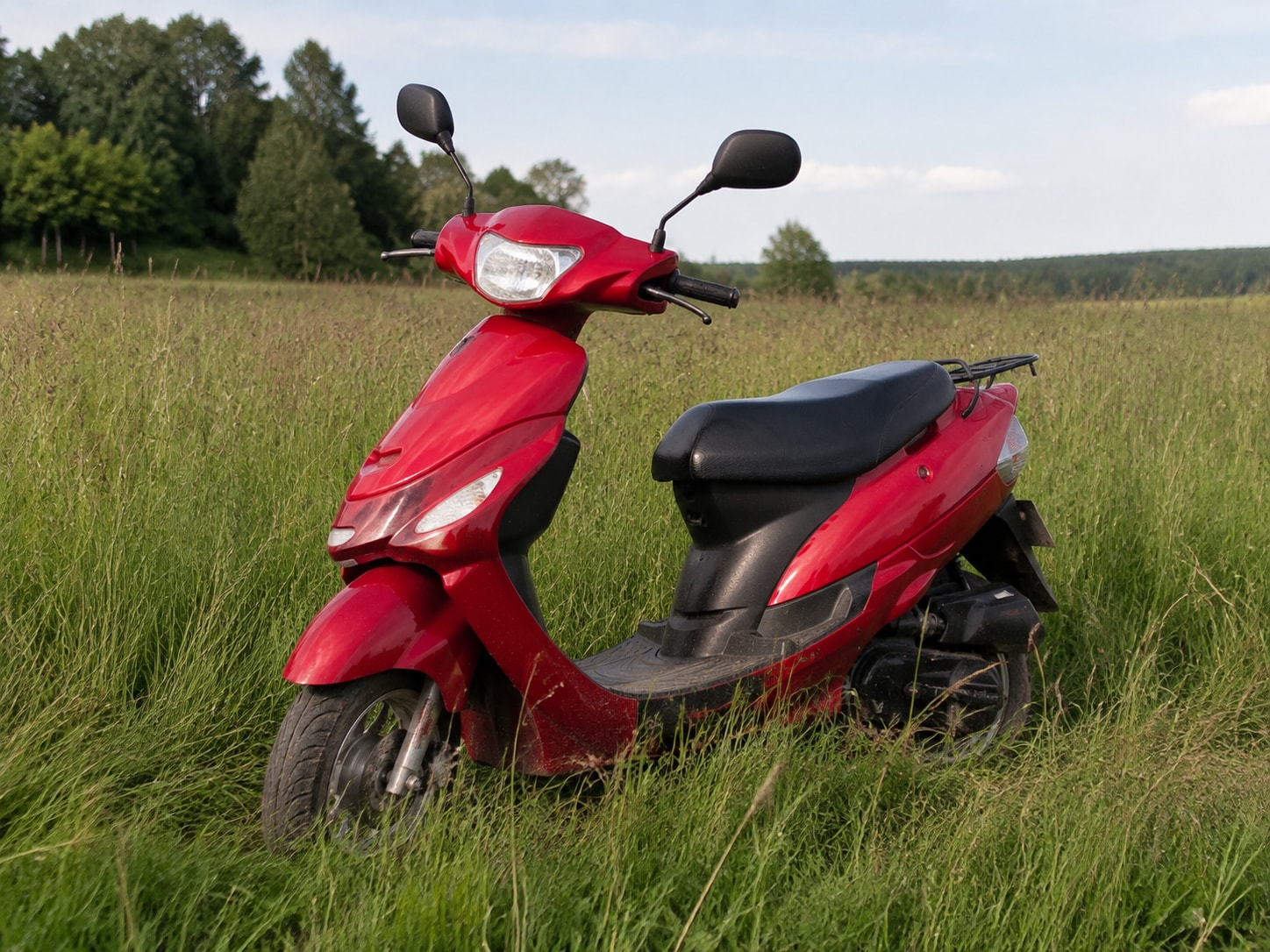 DI sukurtas vaizdas: raudonas kiniškas motoroleris aukštoje pievos žolėje
